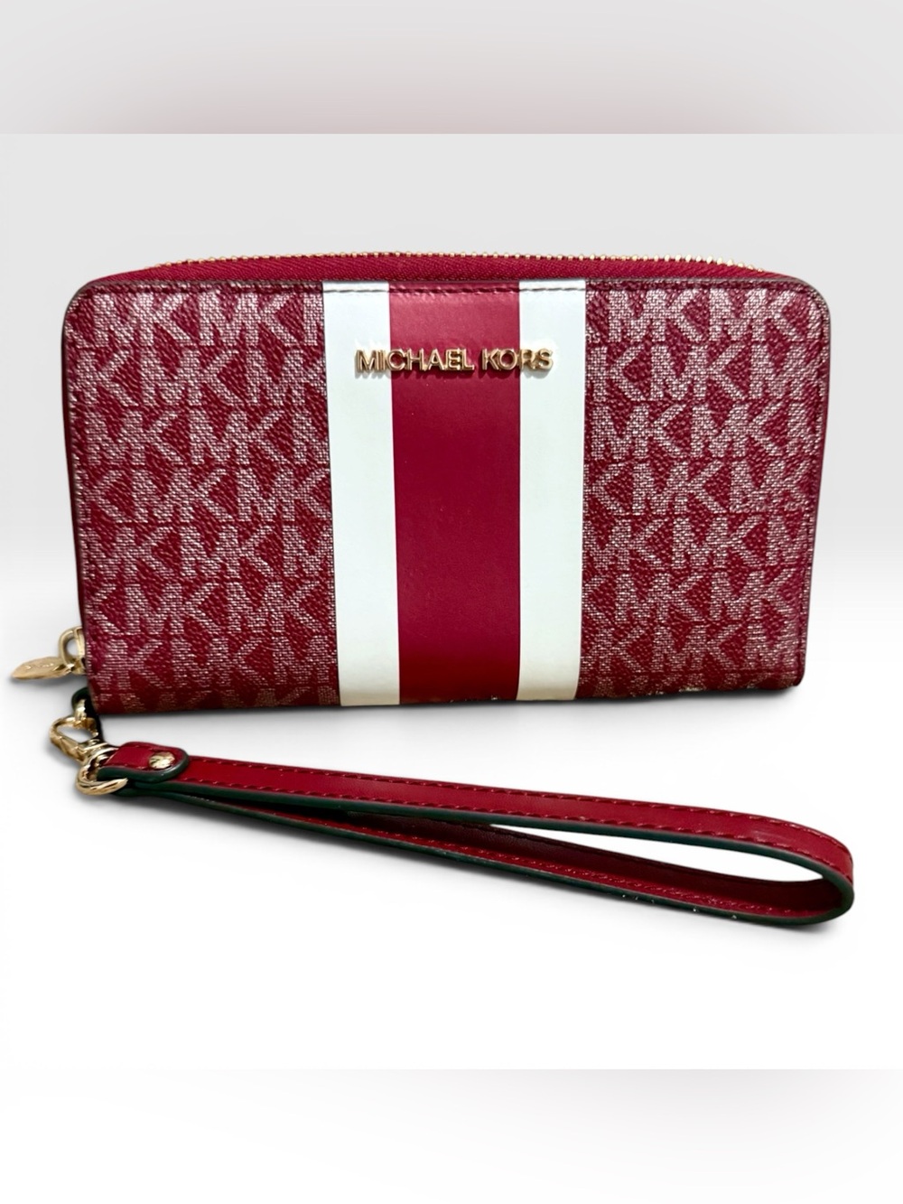 Michael Kors Red Signature Stripe Zip Around Wristlet Wallet Gold Hardware